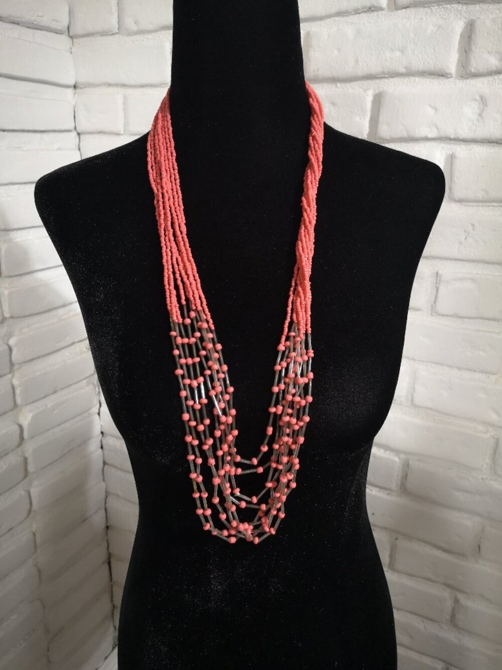 Multi Strand Beaded Coral Colored Necklace w/ Seed Beads & Clear Tubular Spacers